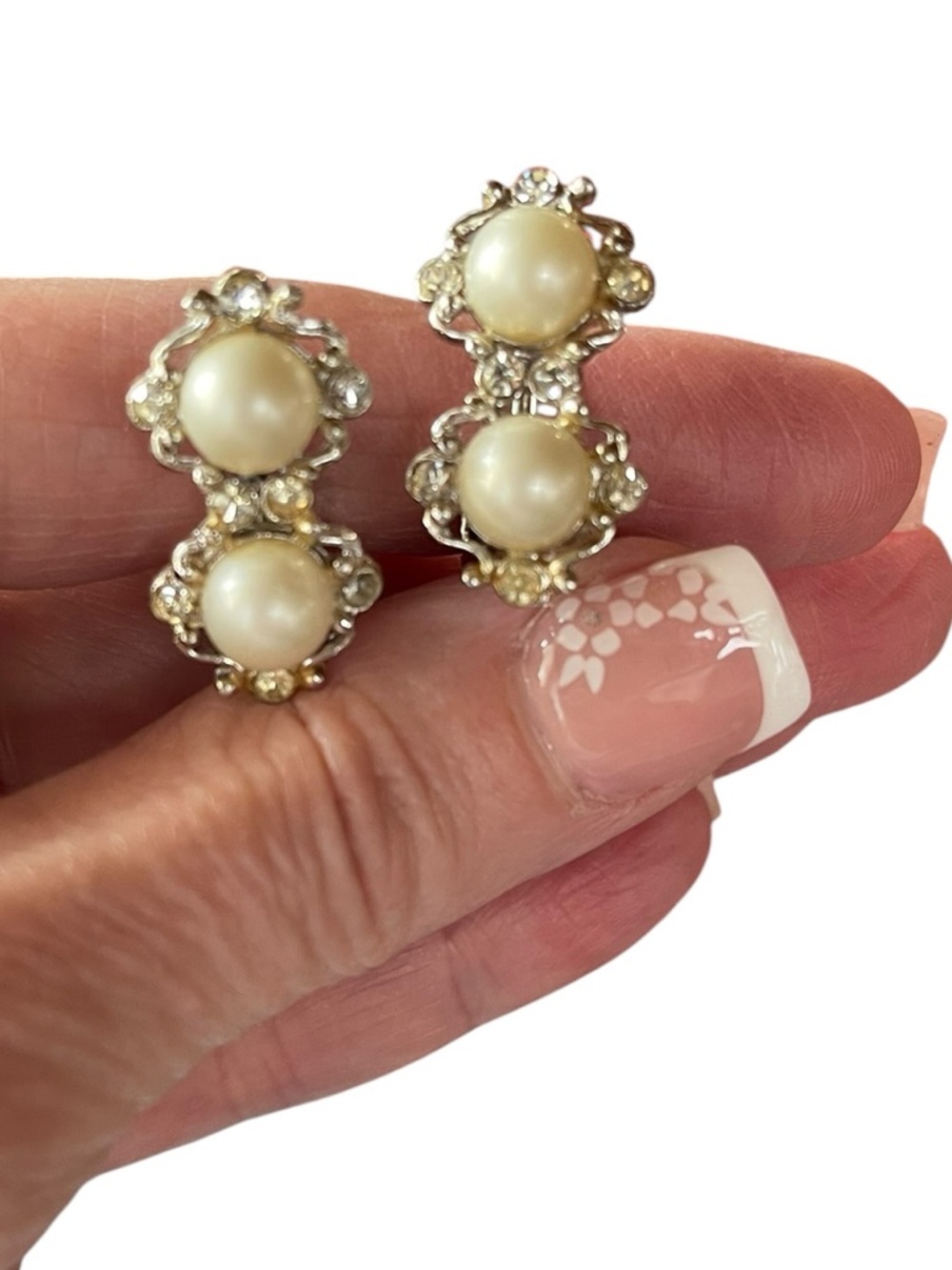 1950s Signed Bogoff Faux Pearl Silver-Tone Clip-On Earrings